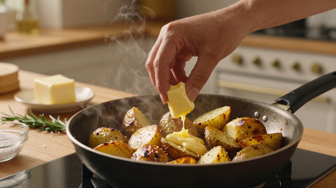 Mão a colocar manteiga a derreter em batatas salteadas numa frigideira com vapor a subir.