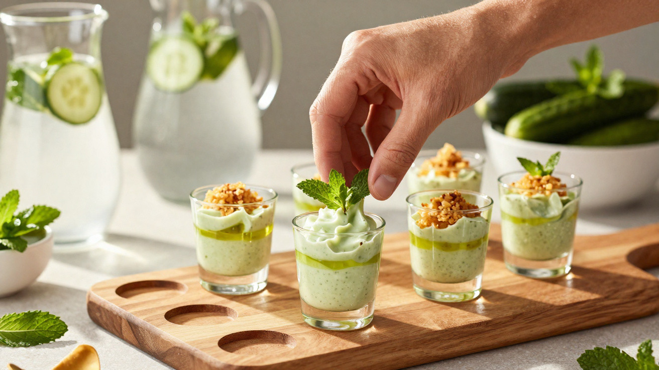 Mão a decorar copos com mousse verde, hortelã e topping crocante, sobre tábua de madeira, e jarros com água e pepino.