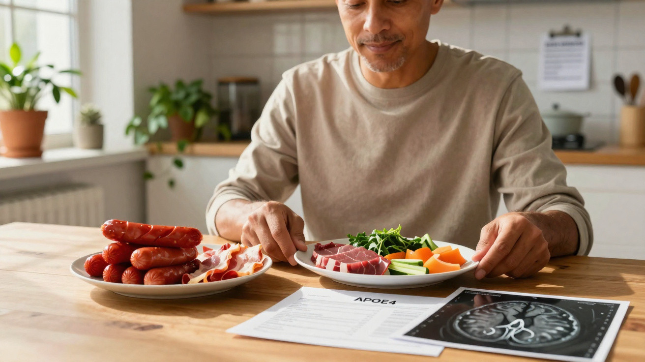 Homem sentado à mesa com prato de carne e legumes, e outro prato com salsichas e presunto, lendo exame médico.
