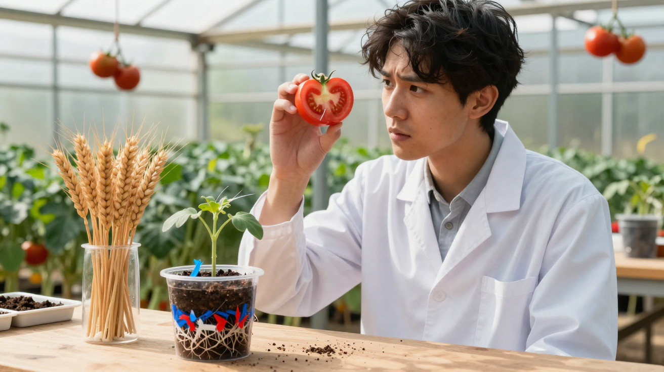 Cientista em laboratório agrícola observa meio tomate cortado enquanto analisa plantas em vasos ao ar livre.