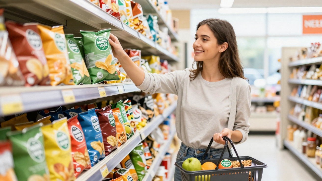 Mulher sorridente a pegar pacote de batatas num corredor de supermercado com cabaz na mão.