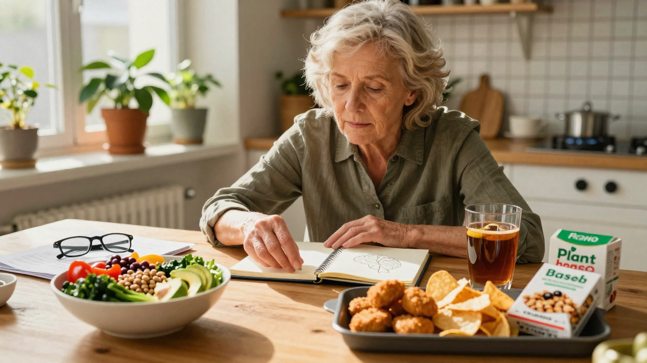 Mulher sénior a desenhar num caderno enquanto está à mesa com comida saudável e bebida.