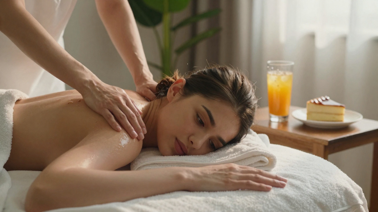 Mulher a receber massagem nas costas numa clínica, deitada de bruços sobre toalha branca, com bebida e fatia de bolo ao lado.