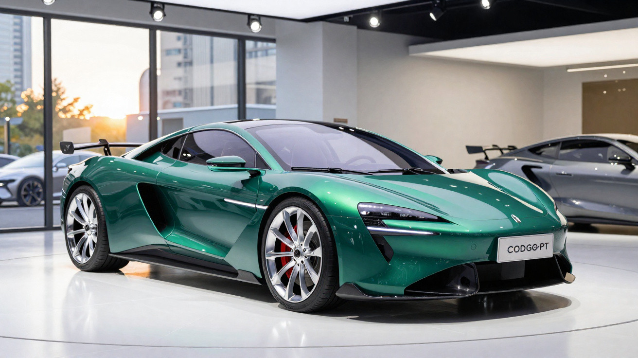 Carro desportivo verde metálico estacionado num showroom moderno com paredes brancas e grandes janelas.