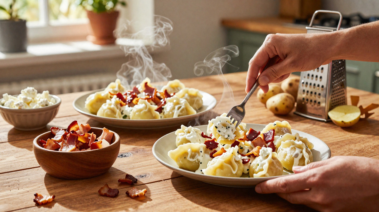 Pratos de massa recheada com molho cremoso e pedaços de bacon, com mãos a servir à mesa de madeira.