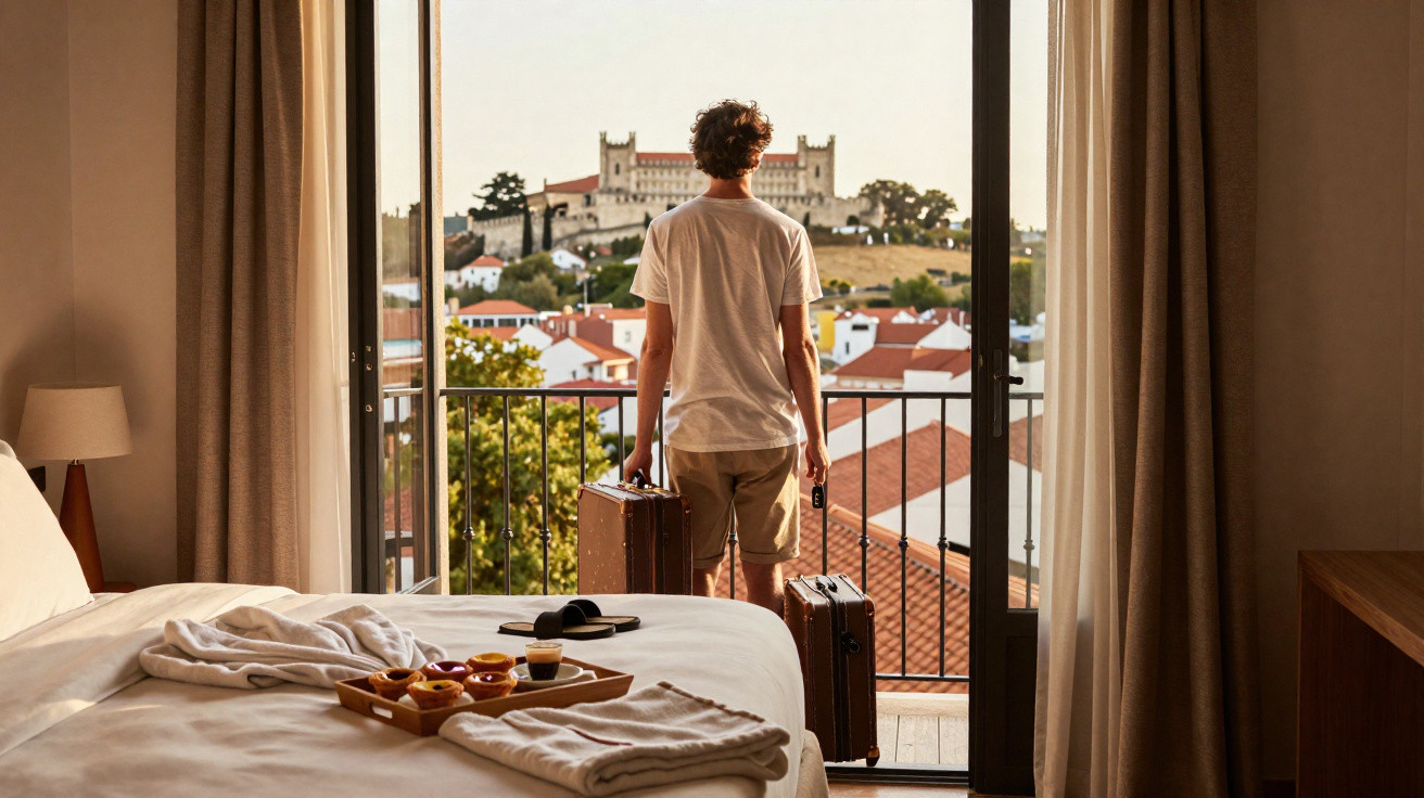 Homem de costas com duas malas na varanda de um quarto de hotel, vista para castelo e casas brancas.