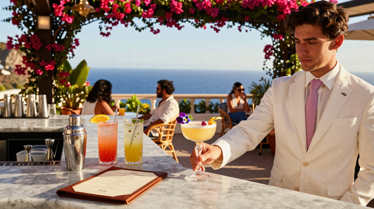 Bartender de fato branco a servir cocktail num bar ao ar livre com vista para o mar e flores cor-de-rosa.