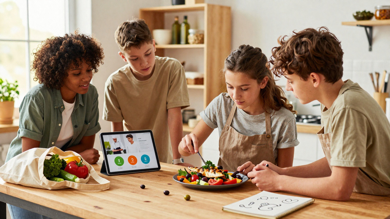 Quatro adolescentes preparam salada juntos numa cozinha, com tablet e legumes numa mesa de madeira.