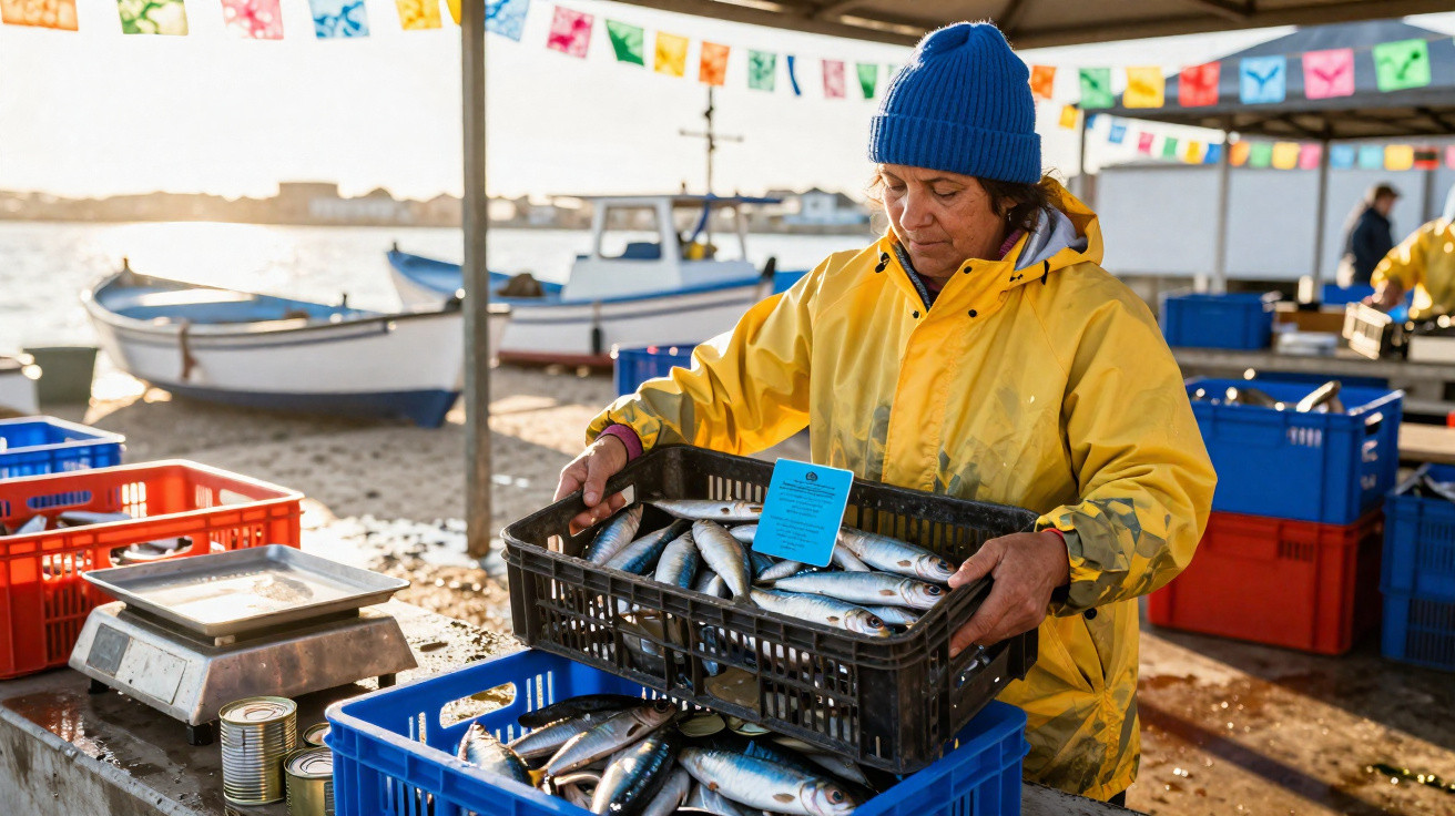 Mulher com casaco amarelo e gorro azul organiza caixa com peixe fresco num mercado junto ao mar.