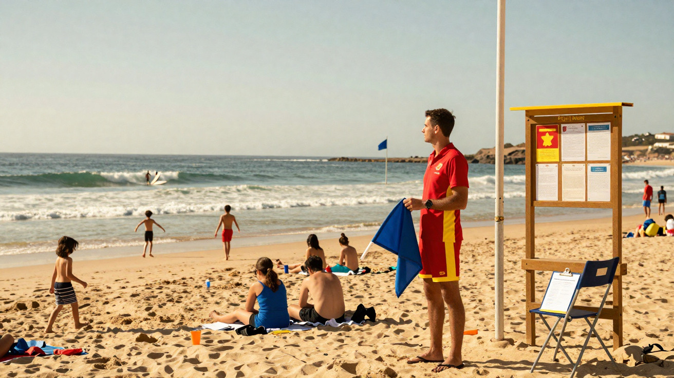 Salva-vidas em fato vermelho observa banhistas na praia com mar e bandeira azul ao fundo.
