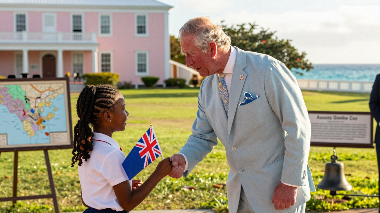 Homem idoso de fato claro cumprimenta menina com bandeira do Reino Unido em jardim com mar ao fundo.