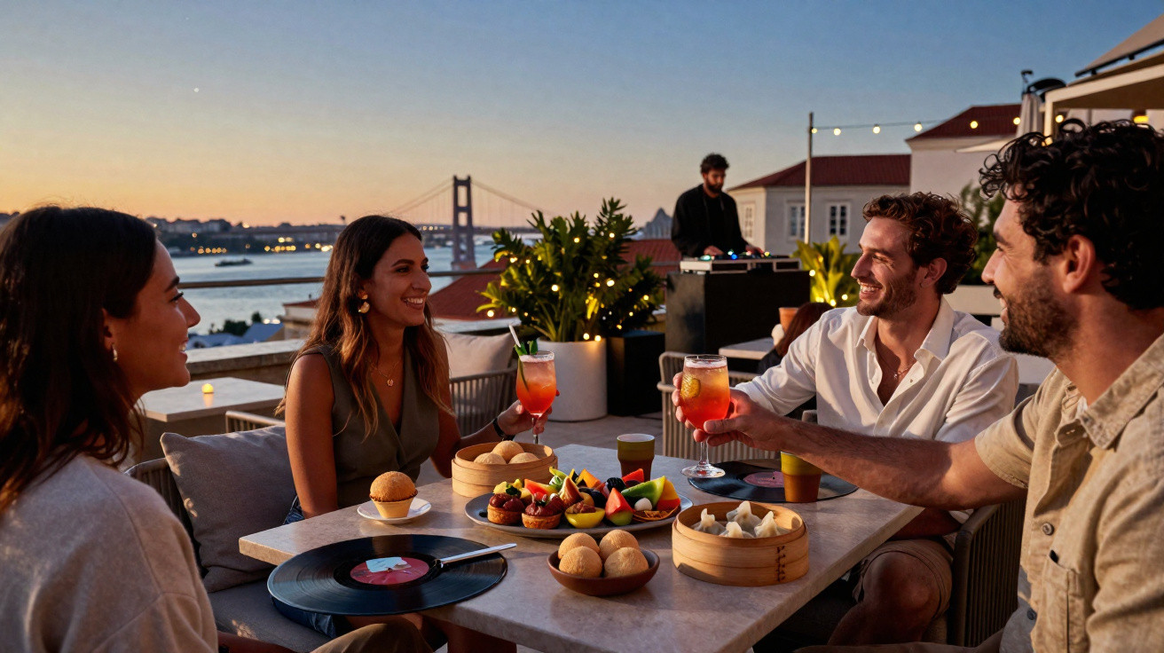 Grupo de amigos a brindar num terraço ao pôr do sol com vista para a ponte 25 de Abril e petiscos na mesa.