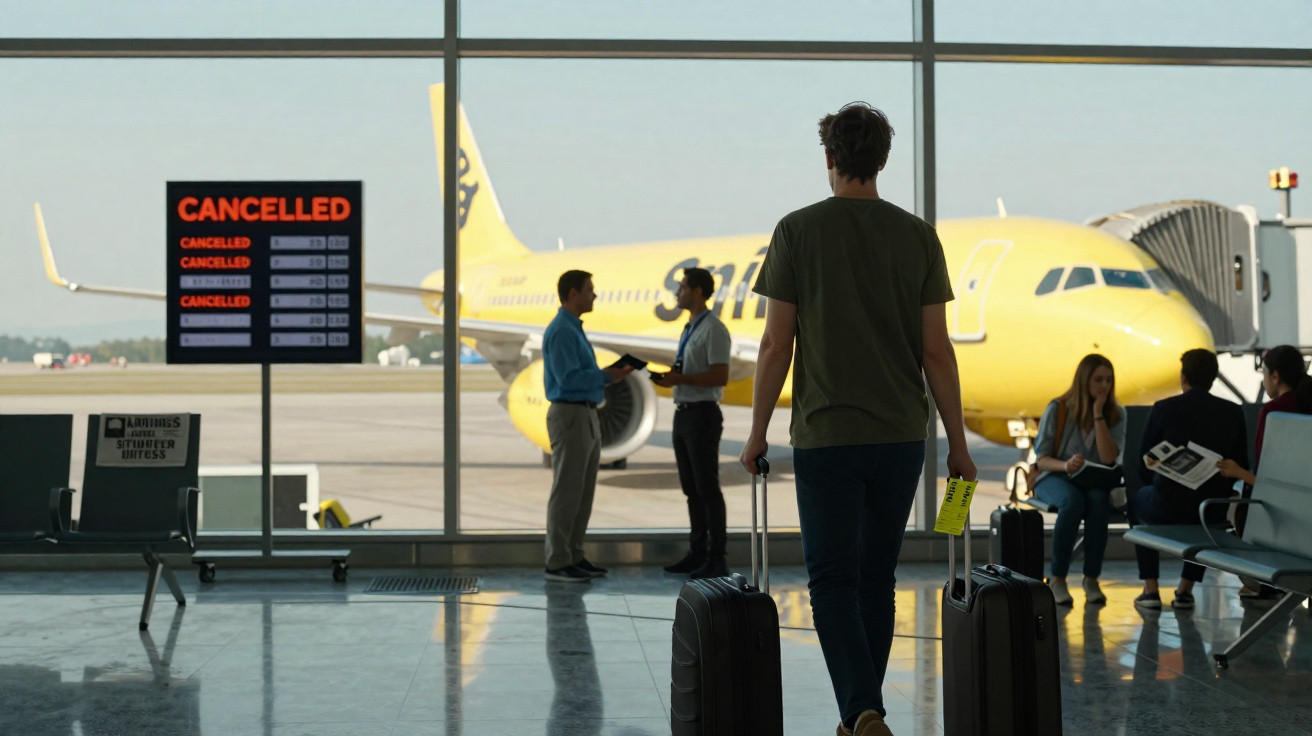 Homem com malas observa avião amarelo no aeroporto com painel de voos cancelados ao fundo.
