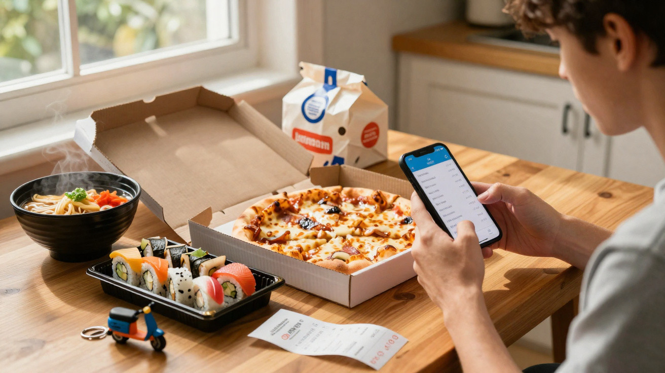 Pessoa a usar telemóvel à mesa com pizza, sushi, tigela de noodles e pacote de leite num ambiente iluminado.