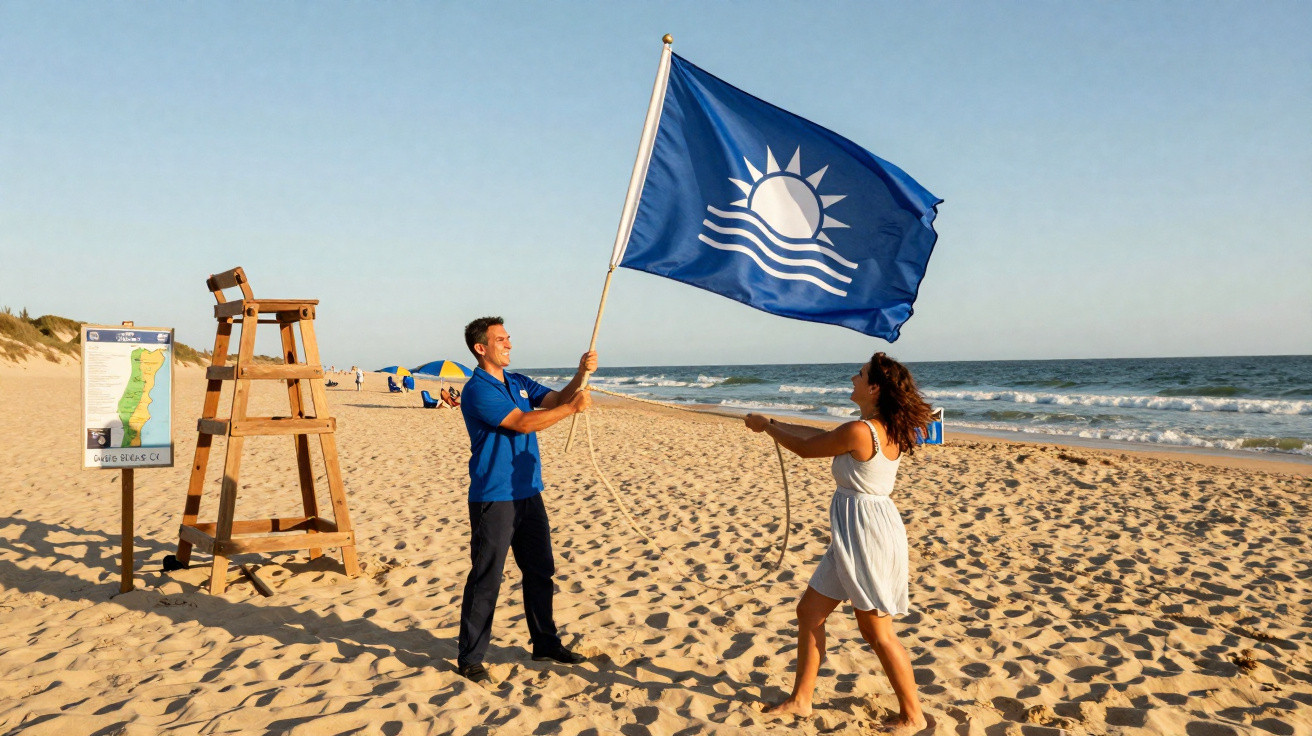 Praia com duas pessoas a içar bandeira azul, com mar e céu limpo ao fundo ao entardecer.