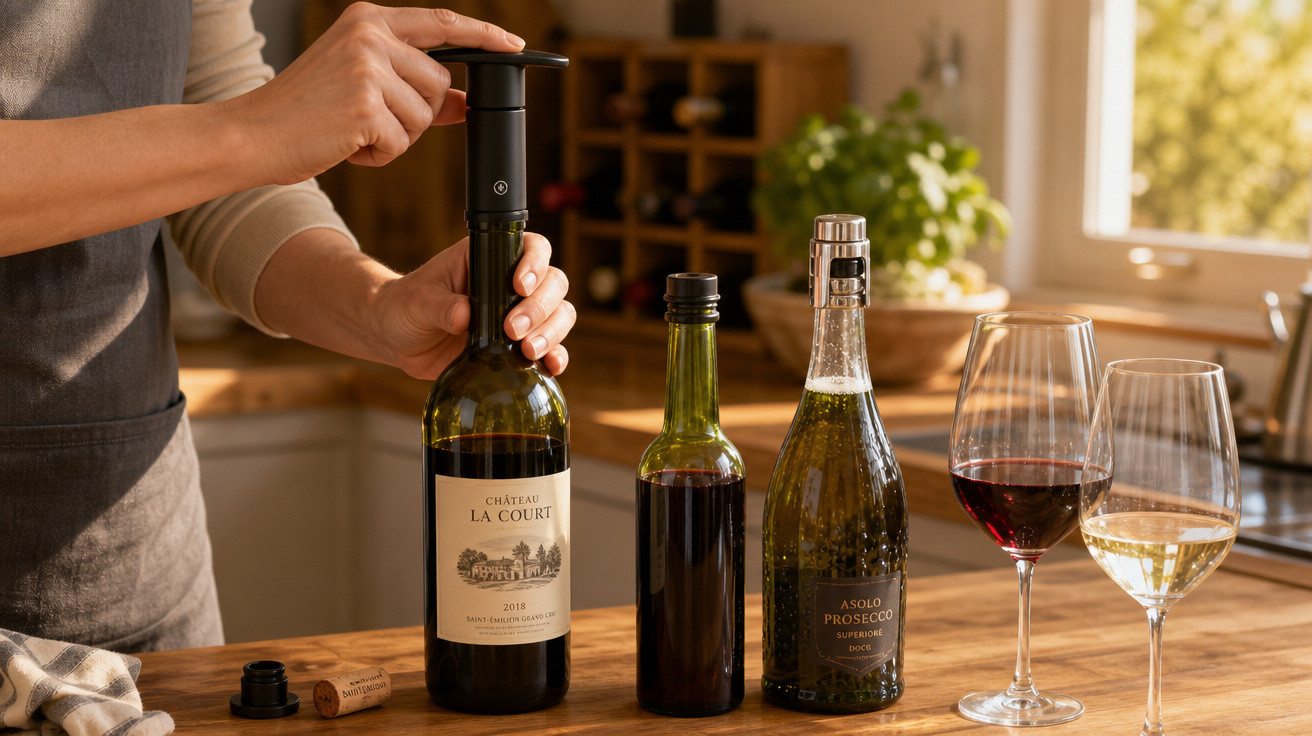 Pessoa a usar bomba de vácuo para vedar garrafa de vinho tinto numa cozinha com garrafas e copos de vinho.