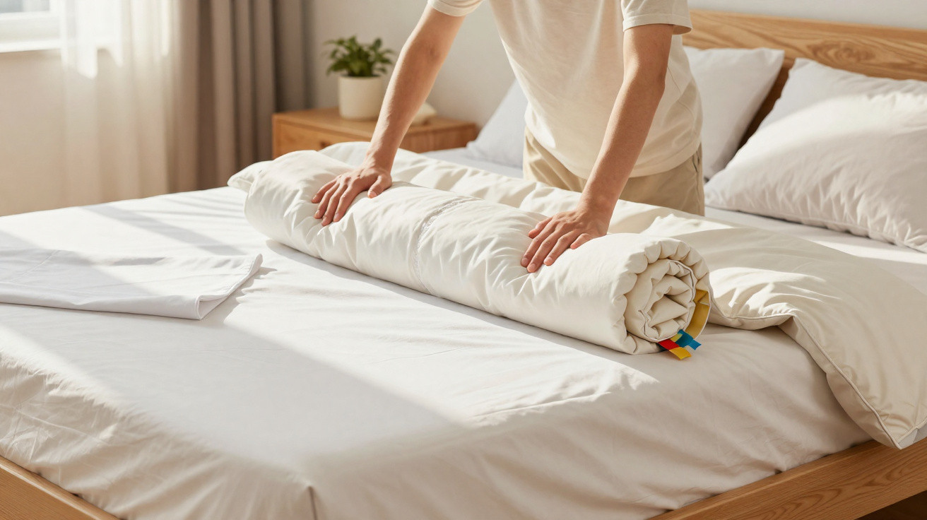 Pessoa a enrolar um edredão branco numa cama com roupa de cama clara em quarto iluminado.