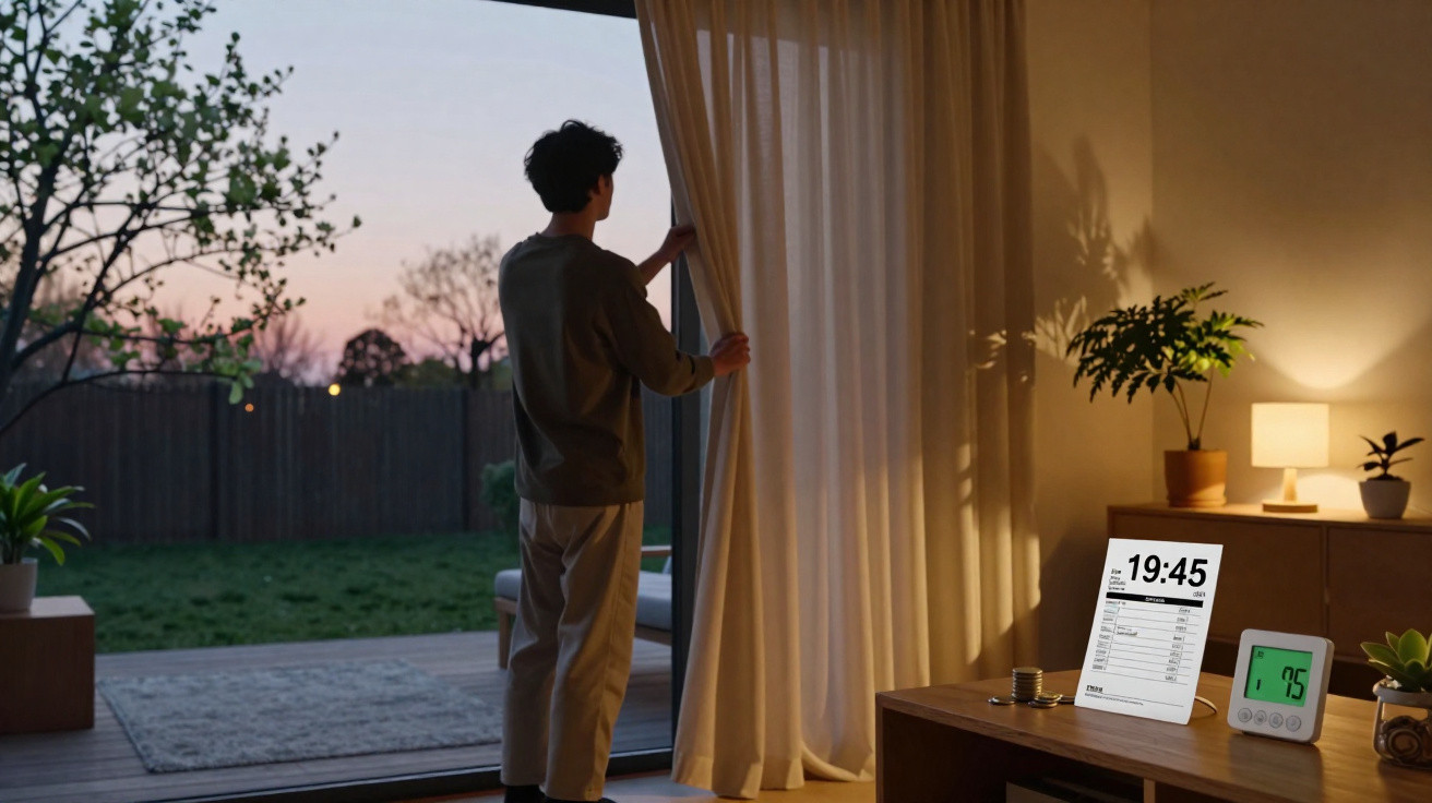 Pessoa abre cortinas numa sala com relógio digital e plantas ao entardecer.